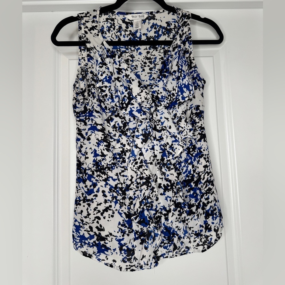 White House Black Market Women’s White, Black, and Blue Blouse w/ Ruffle, Sz 00